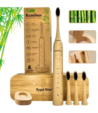 Periuta de dinti electrica sonica Regal Bliss ® din bambus eco-friendly pentru adulti si copii, incarcare wireless, 5 moduri smart de spalare dentara cu temporizator