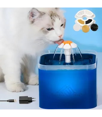 Dispenser de apa automat Fish & Paws ® tip fantana ultra-sientioasa pentru caini si pisici, incarcare USB, echipata cu lumina LED, design modern, 2L, Albastru