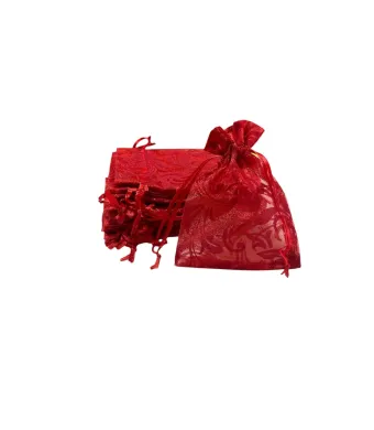 Set 50 saculeti din organza cu model si snur din satin, ROSU, dimensiuni: 9x12 cm