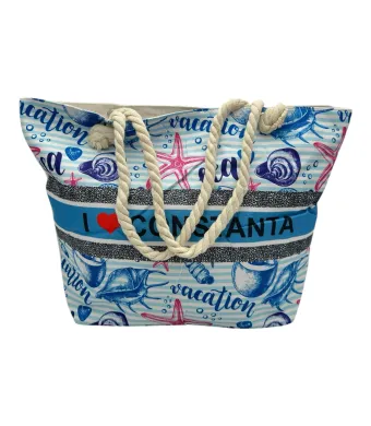 Geanta de plaja incapatoare cu design marin cu scoici, din poliester 100%, Calitate Superioara, En-gros