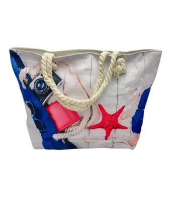 Geanta de plaja incapatoare cu design Marin multicolora, din poliester 100%, Calitate Superioara, En-gros