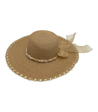 Palarie de Plaja Dama cu Funda si Perle – Poliester 100%, Culori Variate, Calitate Superioara, En-gros