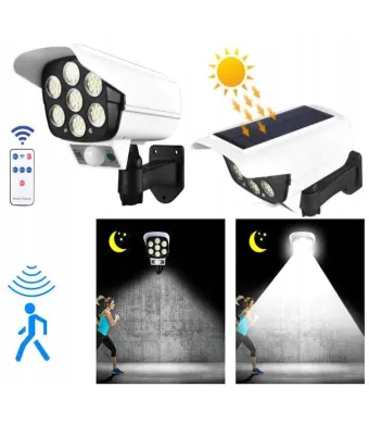 Lampă Solară LED Exterior Tip Cameră Supraveghere, 7 LED-uri, Senzor Mișcare, IP65, Telecomandă, 18x9 cm,En-gros