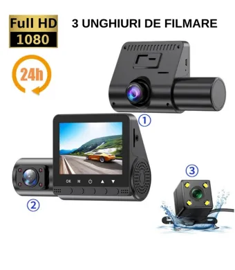 Camera Auto De Bord DVR, Full HD 1080P, 3 Lentile, Camp Vizual Ultra-Larg De 170°, LCD Display 2,4"HD, Camera 5 MP, Night Vision, Inregistrare Tripla, Loop Recording, G-sensor, Detectare Miscare, Negru,EN GROSS
