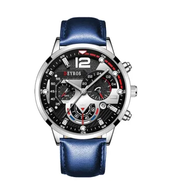 Ceas Luminous, Barbati, Leather Effect, Cronograf, Argintiu-Albastru Engros (albastru, argintiu, negru)