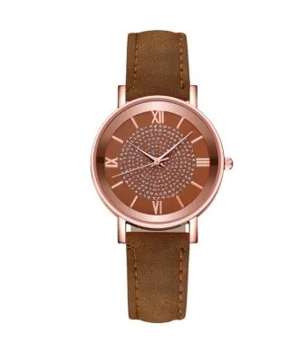 Ceas Soare, Strasuri, Leather Effect, Maro si Rose-Gold Engros (maro, roz)