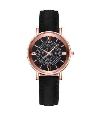 Ceas Soare, Strasuri, Leather Effect, Negru si Rose-Gold Engros (negru, roz)
