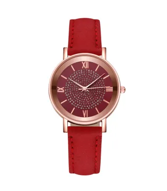 Ceas Soare, Strasuri, Leather Effect, Rosu si Rose-Gold Engros (rosu, roz)
