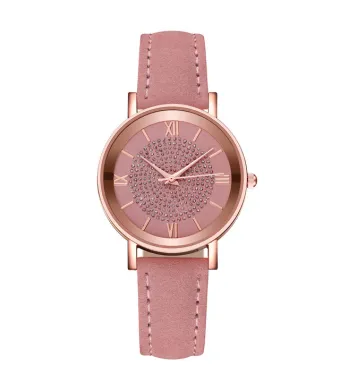 Ceas Soare, Strasuri, Leather Effect, Roz si Rose-Gold Engros (ROZ)