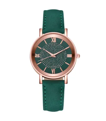 Ceas Soare, Strasuri, Leather Effect, Verde si Rose-Gold Engros (roz, verde)
