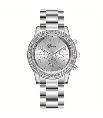Ceas Classic Crystal, pentru Femei, Geneva, Cristale zirconiu, Quartz, Curea metalica, Argintiu Engros (Argintiu)