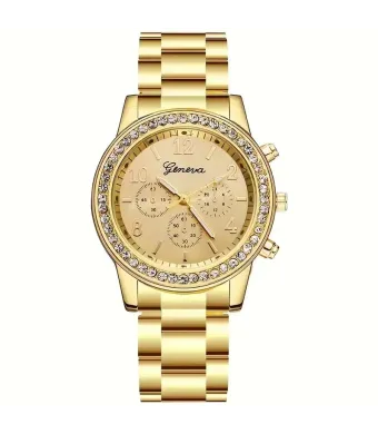 Ceas Classic Crystal, pentru Femei, Geneva, Cristale zirconiu, Quartz, Curea metalica, Auriu Engros (Auriu)