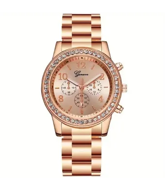 Ceas Classic Crystal, pentru Femei, Geneva, Cristale zirconiu, Quartz, Curea metalica, Rose-Gold Engros (ROZ)
