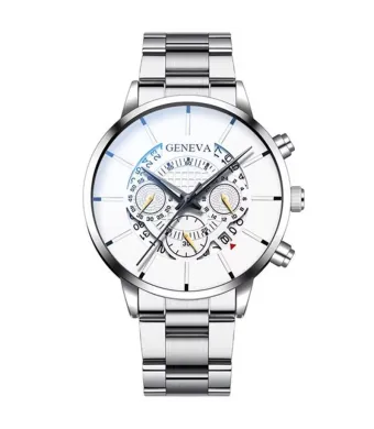 Ceas Quantum Geneva, Barbatesc, Calendar, Curea clasica, Metal, Argintiu si Alb Engros (albastru, argintiu)