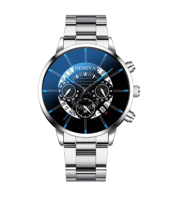 Ceas Quantum Geneva, Barbatesc, Calendar, Curea clasica, Metal, Argintiu si Negru/Albastru Engros (albastru, argintiu, negru)