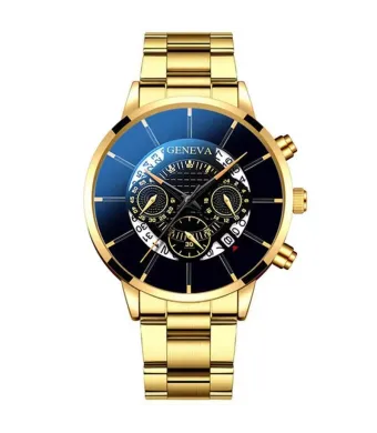 Ceas Quantum Geneva, Barbatesc, Calendar, Curea clasica, Metal, Auriu si Negru Engros (auriu, negru)