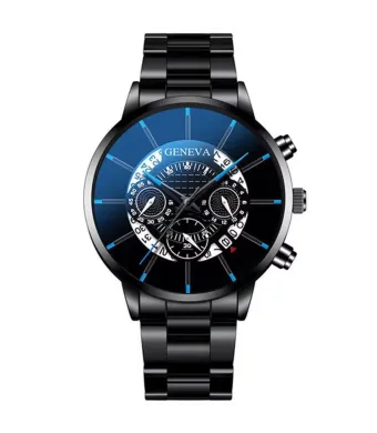 Ceas Quantum Geneva, Barbatesc, Calendar, Curea clasica, Metal, Negru si Albastru Engros (albastru, negru)