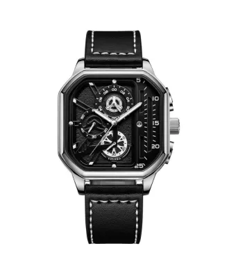 Ceas Valor Retro, Barbatesc, Carcasa patrata, Leather look, Negru si Argintiu Engros (argintiu, negru)