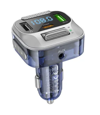 Incarcator Auto cu Modulator FM, Bluetooth, 2 x USB si 1 x type-C, Hoco E75 Engros (argintiu, transparent)