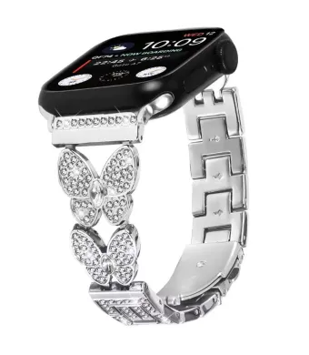 Curea Crystal Butterfly pentru Apple Watch, Design Fashion cu Strasuri, Metalica, Argintiu - 38/40/41 mm Engros (38/40/41 mm, Argintiu)