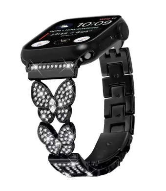 Curea Crystal Butterfly pentru Apple Watch, Design Fashion cu Strasuri, Metalica, Negru - 38/40/41 mm Engros (38/40/41 mm, NEGRU)