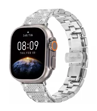 Curea Crystal Glam pentru Apple Watch, Design Fashion cu Strasuri, Zale metalice, Argintiu - 38/40/41 mm Engros (38/40/41 mm, Argintiu)
