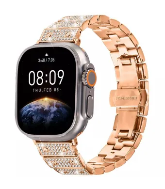 Curea Crystal Glam pentru Apple Watch, Design Fashion cu Strasuri, Zale metalice, Rose gold - 38/40/41 mm Engros (38/40/41 mm, rose-gold)