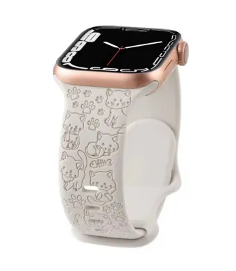 Curea Gravata cu Pisici, Sport, Compatibila Apple Watch, Reglabila, din Silicon, Starlight - 38/40/41 mm Engros (38/40/41 mm, starlight)