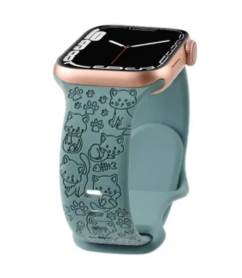 Curea Gravata cu Pisici, Sport, Compatibila Apple Watch, Reglabila, din Silicon, Verde - 38/40/41 mm Engros (38/40/41 mm, Verde)