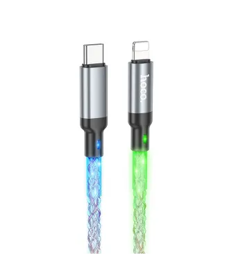 Cablu Hoco de la USB Type-C la Lightning, Iluminare Multicolora, PD 20W, U112, 1m, Gri Engros (Gri)