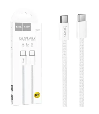 Cablu Hoco X105, Type-C la Type-C, 1m, Compatibil iPhone 15/16 si Android, 60W, Suporta Transfer Date, Alb Engros (Alb)