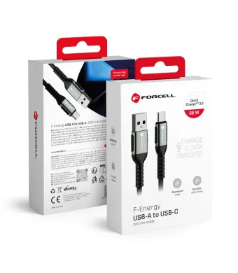 Cablu incarcare USB la USB Type-C, QC 3.0 3A 66W, Lungime 3 m, Forcell F-Energy C256, Negru Engros (NEGRU)