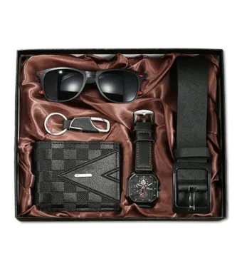 Set Cadou 5 Accesorii, Barbati, Ceas si Portofel, Model Clasic Business, Leather look, Negru Engros
