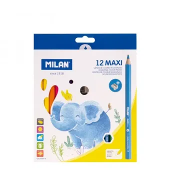 Set 12 creioane colorate groase Milan Maxi + ascutitoare – culori vibrante si design ergonomic pentru copii, En-gros