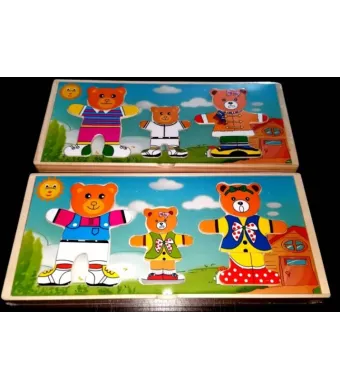 Set puzzle din lemn, engros, Sa imbracam ursuletii, contine 54 piese de puzzle, o cutie si o plansa suport, 31x14x4 cm