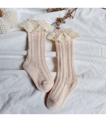 Sosete lungi pentru fetite, Selena - Beige, marime S(0-1 an), bumbac + elastan