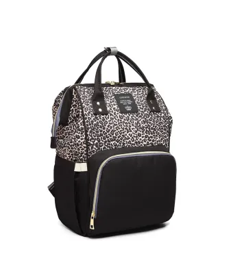 Rucsac Animal Print pentru mamici si bebelusi, marime universala, Negru-bej, 42 x 26 x 15 cm