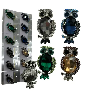 Broșe elegante en-gros, în formă de bufniță, 30x50 mm – set de 12 bucăți