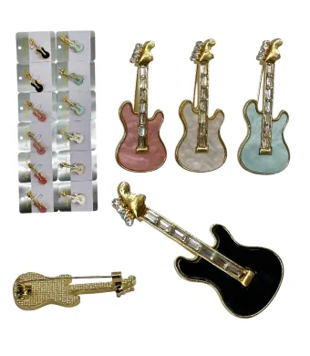 Broșe elegante en-gros, în formă de chitară, 20x48 mm – set de 12 bucăți
