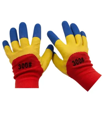 Manusi de lucru en-gros, cu eticheta  tricot + latex, marime universala, rosu-galben-albastru