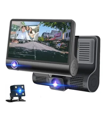 Camera auto tripla, inregistrare fata, spate si interior, ecran 4 inch, rezolutie Full HD, detectie miscare, vedere nocturna, senzor G, functii avansate de supraveghere angro engros