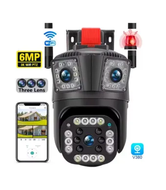 Camera de supraveghere tripla,  3 lentile, vizualizare day/night color, utilizatori multipli,  interior/exterior, rotire, comunicare la distanta, senzor de miscare, IP66, negru Angro engros