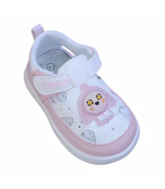 Sandale copii-primii pasi, Talpa de cauciuc, Piele ecologica, Accesorii cu lumini, Engross, Marimi 18-23, 8buc/set, Alb-roz