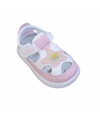 Sandale pentru copii-primii pasi, Talpa de cauciuc, Piele ecologica, Accesorii cu lumini, Engross, Marimi 18-23, 8buc/set, Model Stea, Roz