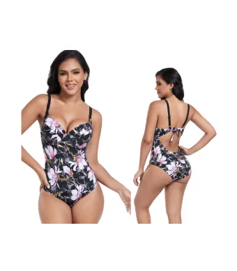 Costum de baie intreg, Sutien cu push-up, Slip normal, Engross, Marimi 42-50, 5buc/serie, Negru-imprimeu flori