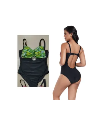 Costum de baie intreg, Sutien cu burete, Slip normal, Engross, Marimi 42-50, 5buc/serie, Negru-verde