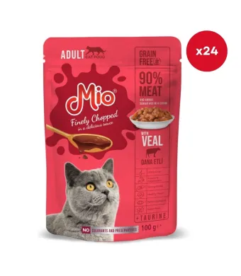 Plic pisica Mio Cat cu Carne de Vitel, 100 g, Mancare Umedă En-gros Premium pentru Pisici Adulte (Cutie 24 Plicuri)