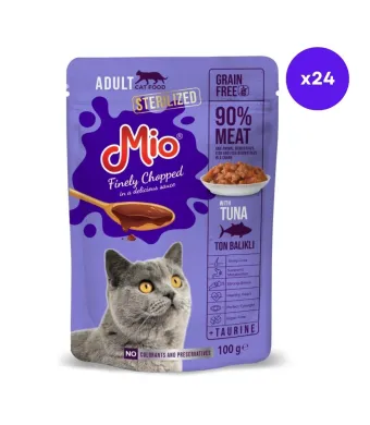 Plic pisica Mio Cat cu Ton, 100 g, Mancare Umedă En-gros Premium pentru Pisici Adulte Sterilizate (Cutie 24 Plicuri)