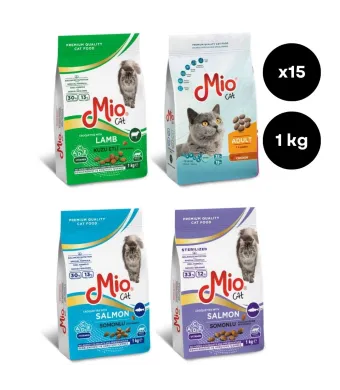 Sac pisica Mio Cat cu Somon, Miel, Pui 1 Kg, Hrana Uscata En-gros Premium pentru Pisici Adulte + Junior Kitten (Cutie 15 Saci MIX)