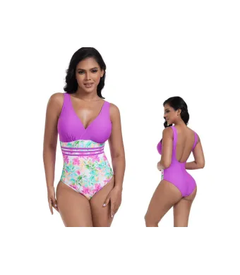 Costum de baie intreg cu imprimeu, Sutien cu burete, Slip normal, Engross, Marimi 46-54, 5buc/serie, Mov